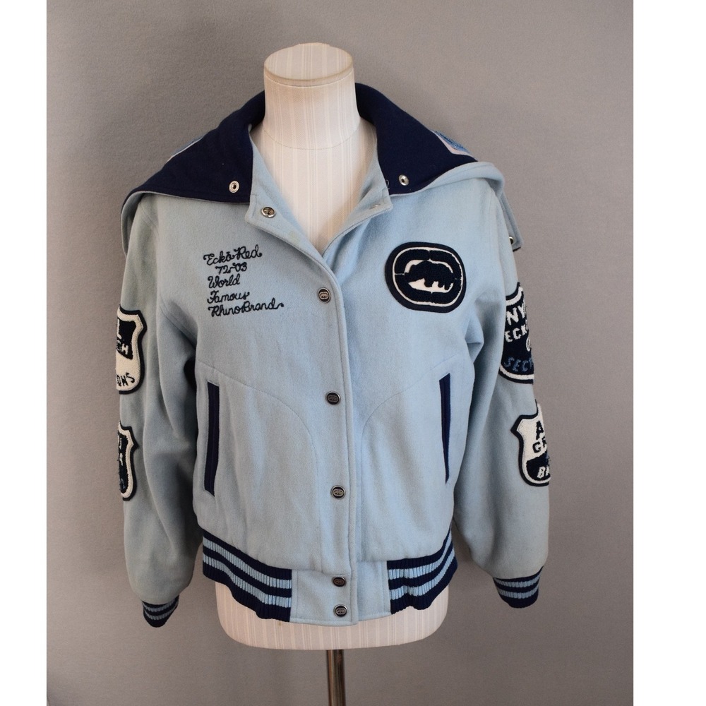 Ecko Red Varsity Jacket Medium Light Blue Navy Wool Blend Hooded Patches Y2K